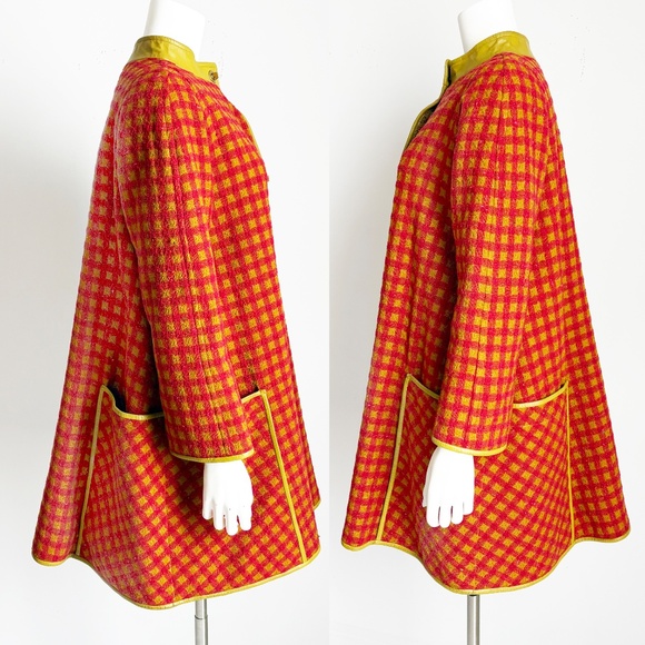 Bonnie Cashin for Sills Coat Large Pocket Pink Check Wool Lime Leather Trim 60s - Picture 11 of 14